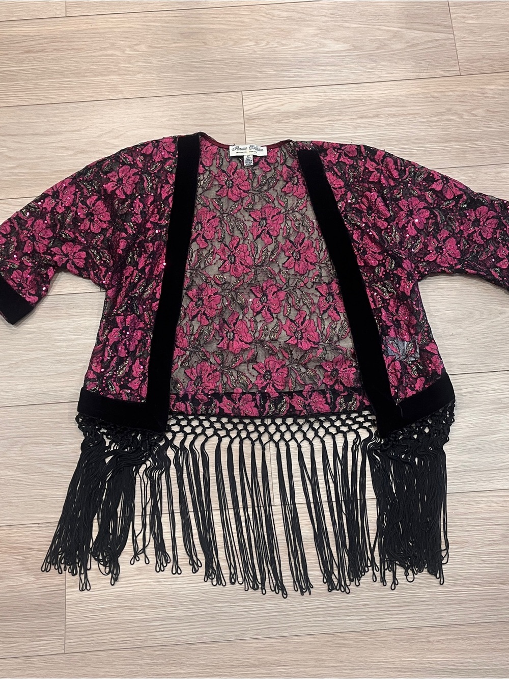 Parisian Collection Pink Floral Lace Sequin Fringe Kimono Cardigan Boho Y2K